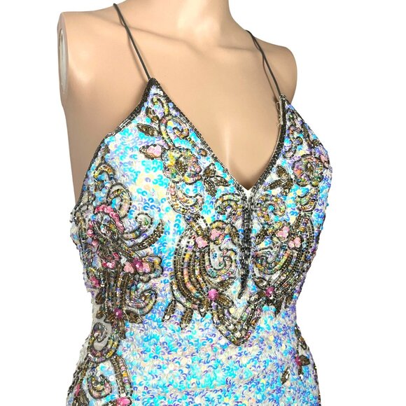 Primavera Couture White Backless Mini Dress w Iridescent Sequins Size 2 Bodycon - Picture 5 of 8